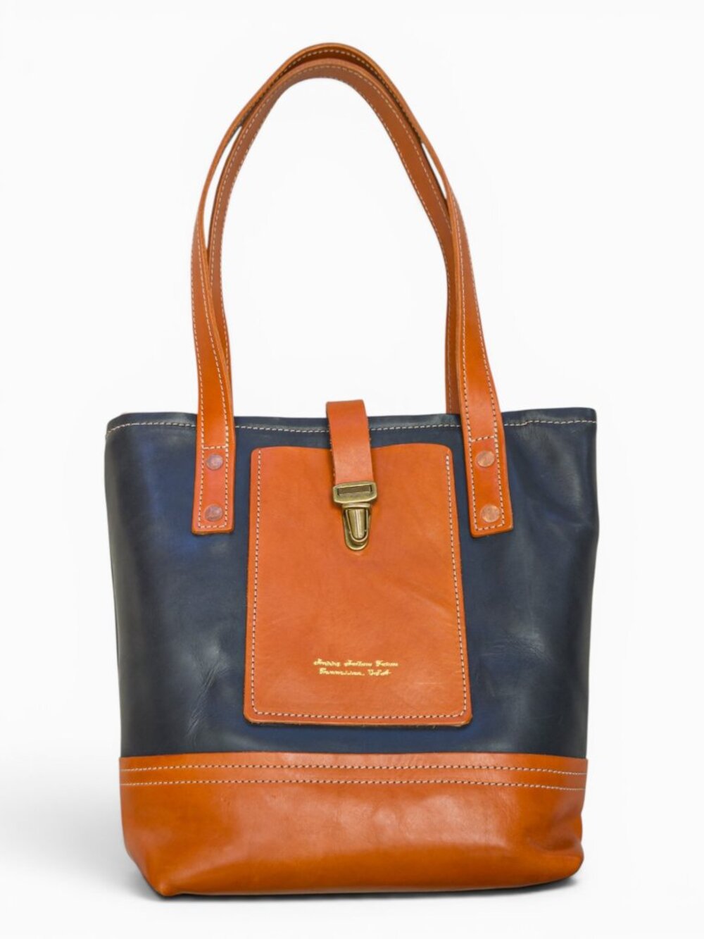 Happy Hollow Farm Leather Tote – Two-Tone Saddle & Deep Navy